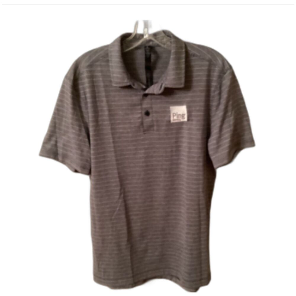 LULULEMON  MED HEATHER GREY STRIPED SHORT SLEEVE POLO SHIRT PING BRANDED LOGO